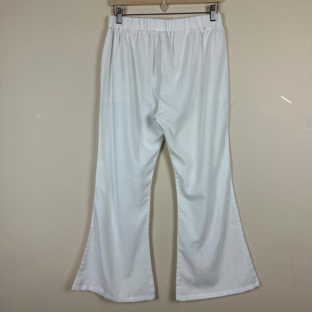 Womens White Linen Blend Wide Leg Flare Pants Size L Coastal Resort Summer Swim - Picture 4 of 11